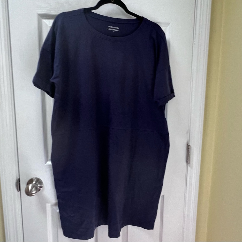 Eileen Fisher Women's Navy Blue Tunic T-shirt Dress Pockets Cuff Sleeve Size L